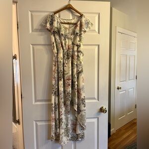 Cato Cream Floral High-Low Maxi Dress with Ruffle Shoulders